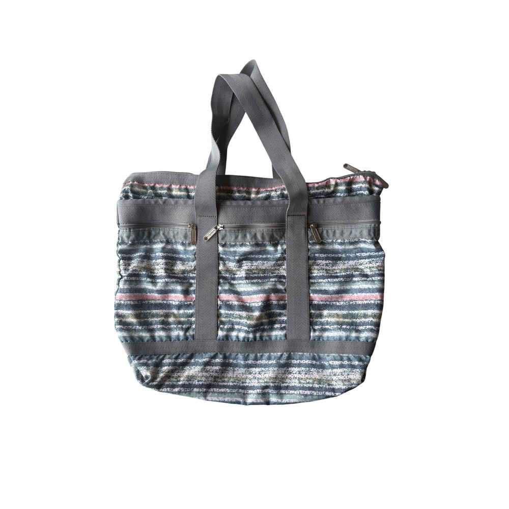 LeSportsac Large Nylon Tote Bag Multi Color Stripe Zip Top Shoulder Bag Grey
